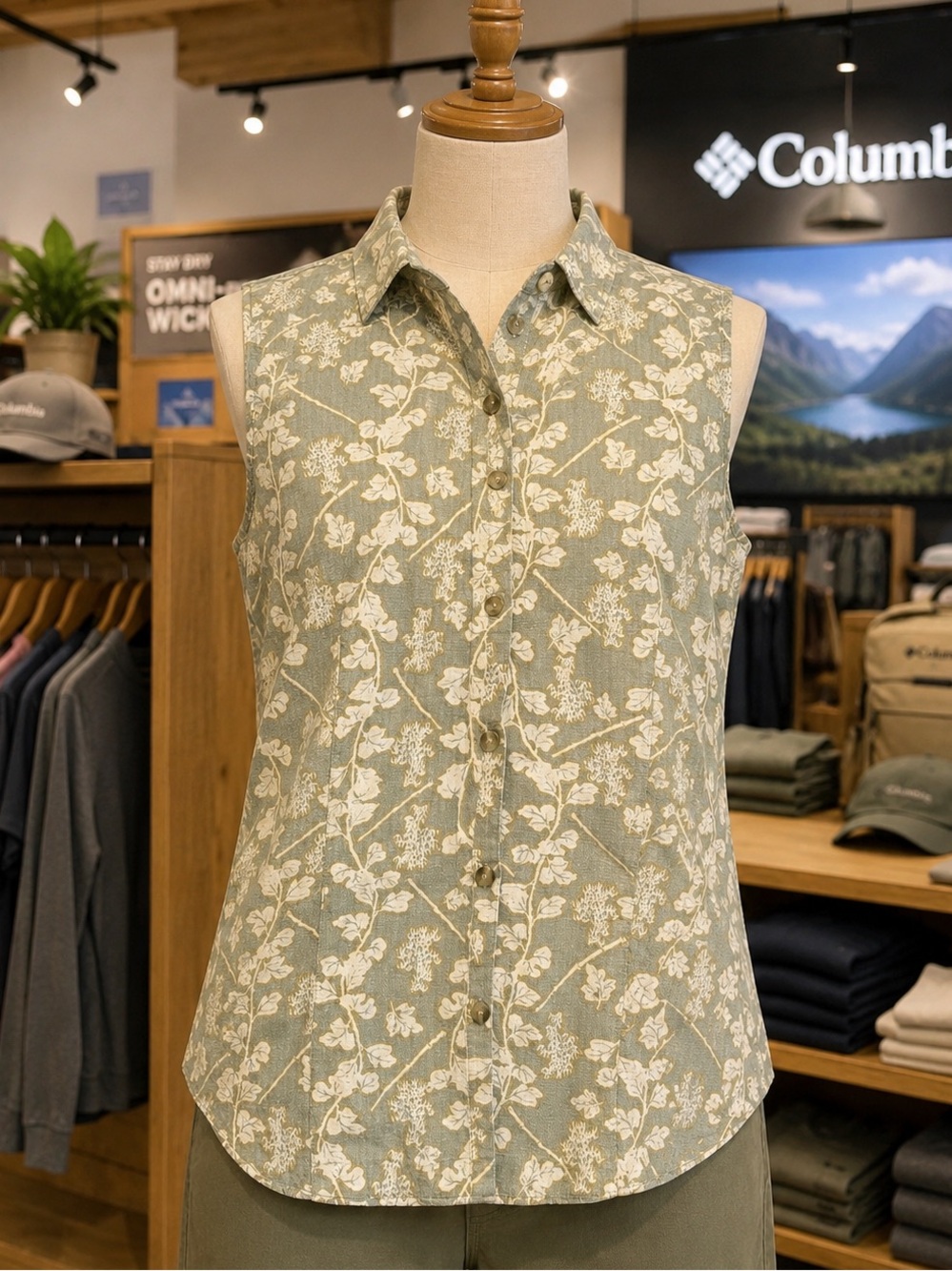 Columbia 100% Silk Floral Sleeveless Button Up Hiking Shirt Medium